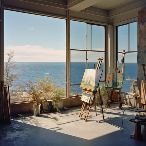 Painters Desk Aesthetic, Aesthetic Art Studio Ideas, Painting Studio Aesthetic, Art Workshop Studio, Mediterranean Office, Aesthetic Art Studio, Art Studio Aesthetic, Atelier Aesthetic, Painting Atelier