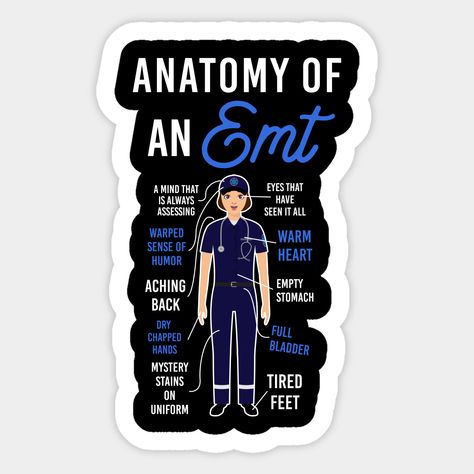 This AMR First Responder design reads "Anatomy Of An Emt". Perfect for a emergency medical technician, EMT or paramedic Student who loves the emergency medical services and the american medical response. It's a perfect emt Christmas present or birthday gift idea. (hd001) -- Choose from our vast selection of stickers to match with your favorite design to make the perfect customized sticker/decal. Perfect to put on water bottles, laptops, hard hats, and car windows. Everything from favorite TV sho Emt Quote, Emt Gear, Emt Humor, Nursing School Prep, Paramedic Student, Paramedic Humor, Ems Week, Paramedic Quotes, Emt Firefighter