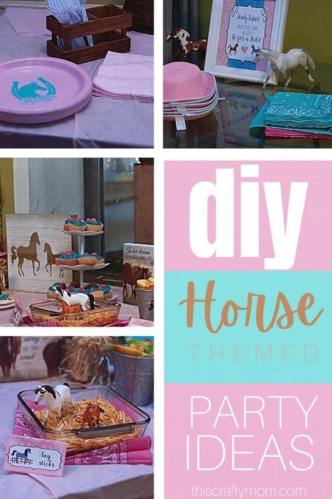 Looking for ideas for a Horse Themed party? Check out this DIY Horse Themed birthday party! There are tons of ideas for Horse Themed decorations, and Horse Themed food! For more party ideas be sure to check out thiscraftymom.com. Horse Party Printables Free, Horse Back Riding Party Ideas, Horse Birthday Party Activities, Horse Table Decorations, Horse Themed Decor, Spirit Party Ideas Horse, Horse Farm Birthday Party, Diy Horse Party Decorations, Horse Themed Food Ideas