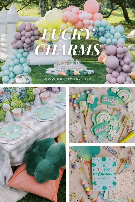 You're in luck! Grab some inspiration for a totally sweet Lucky Charms party! This party was a collaborative effort by many amazing vendors. Check them out now! Lucky Charms Theme Party, Lucky Charms Decorations, Lucky Charms Party Decorations, Lucky Seven Birthday Party, Lucky 7 Birthday Theme Girl, Lucky Charm Party Theme, St Patty Party Ideas, One Lucky Charm Birthday, Lucky Charms Baby Shower Theme