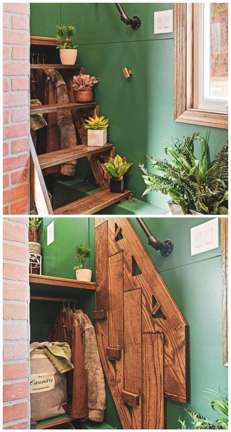 Very Tiny House Ideas, Fun Stairs Ideas, Reverse Loft Tiny House, Tiny House Ladder Stairs, Tiny House Wardrobe Ideas, Tiny House Interior Storage, Tiny House Standing Loft, Tiny House Balcony, Tiny House Storage Stairs