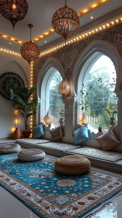 Arabian style lounge with ornate lanterns, suitable for interior design or relaxation themes. End of Eid al-Fitr. royalty free stock images Arabian Living Room Ideas, Lebanese Style Interior, Castle Modern Interior, Pakistani Home Decor Ideas, Orientalism Interior Design, Abu Dhabi Interior Design, Arabic Style Interior Design, Morroco Interior, Arabic Decoration Arabian Decor