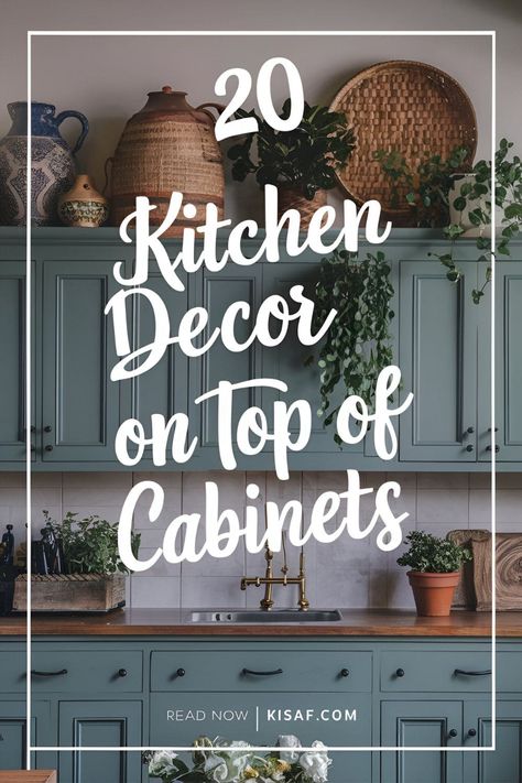 20 Kitchen Decor Ideas on Top of Cabinets You Need to Try! Decor For Upper Kitchen Cabinets, Pottery On Top Of Kitchen Cabinets, Top Of Kitchen Cupboard Ideas, Over The Cabinet Kitchen Decor Ideas Modern, Top Cupboard Decor Kitchen, Kitchen Counter Shelf Decor, Boho Cabinet Decor, Diy Kitchen Shelf Ideas, Eucalyptus Kitchen Decor