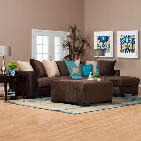 Chocolate Brown Sectional | 2 Piece Sectional with Chaise Lounge Chocolate Furniture Living Room Ideas, Brown Sofa Cushion Ideas, Colors That Go With Brown Furniture, Brown Couches, Dark Brown Couch Living Room, Grey And Brown Living Room, Living Room Decor Brown, Room Decor Brown, Brown Furniture Living Room