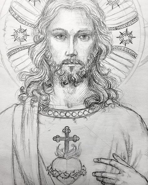 Sacred Heart Painting, Emblems Design, Jesus Sketch, Jesus Art Drawing, Sacred Heart Art, Christian Drawings, Good Foundation, Easy Disney Drawings, Jesus Drawings