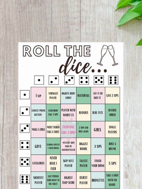 Roll the Dice Printable Drinking Game - Etsy Pregame Drinking Games, Deck Of Card Drinking Games, Make Your Own Drinking Game, Strip Drinking Games, Dice Drinking Games For Adults, Small Group Drinking Games, Drink Games For Parties, Drinking Games With Dice, Printable Drinking Games