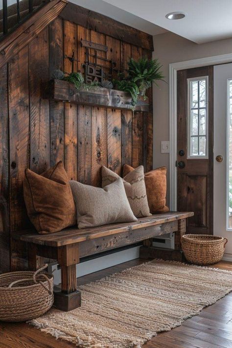 Sewn Pillows, Barn Door Slider, Large Barn Door, Reclaimed Wood Paneling, House Flip, Mudroom Design, Braided Jute Rug, Rustic Home Design, House Decor Rustic