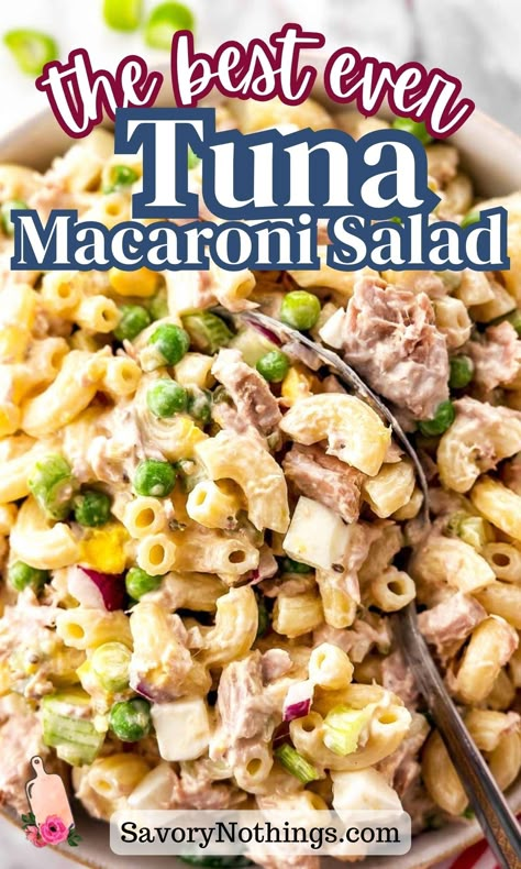 This classic Tuna Macaroni Salad is an easy staple for hot summer days. Perfect for lazy dinners and backyard barbecues alike, this recipe is a keeper for sure! Made with a creamy mayonnaise dressing, elbow macaroni, tuna, eggs, peas, celery and onion. Easy and delicious for summer potlucks and barbecues. | #summerrecipes #macaronisalad #potluck Tuna Macaroni Salad Recipe, Elbow Macaroni Recipes, Tuna Pasta Salad Recipes, Best Tuna Salad Recipe, Tuna Macaroni Salad, Mayonnaise Dressing, Best Tuna Salad, Tuna Pasta Salad, Mayo Dressing