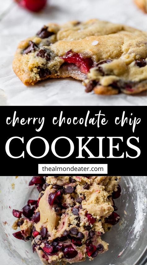 Chocolate Chip Cherry Cookies Recipes, Dark Cherry Dessert Recipes, Cherry Bakewell Cookies, Chocolate Chip And Cherry Cookies, Fresh Cherry Cookies Recipes, Chocolate Cherry Almond Cookies, Chocolate Cherry Chip Cookies, Pin Cherry Recipes, Cherry Chocolate Chunk Cookies