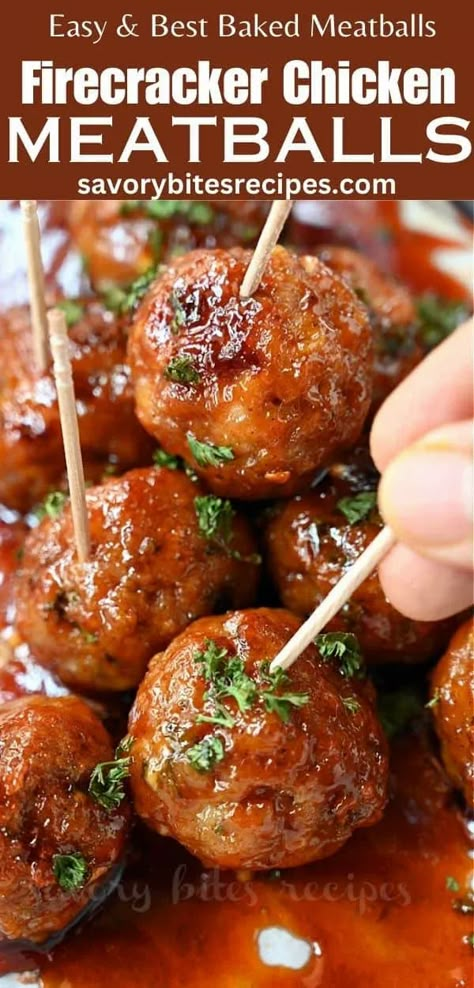 These Firecracker Chicken Meatballs are baked, easy , delicious and healthy. Enjoy these firecracker chicken meatballs with sweet, savoury and spicy firecracker sauce! #firecrackermeatballs #chickenmeatballs #meatballs Spicy Meatballs Appetizers, Firecracker Chicken Meatballs, Firecracker Meatballs, Spicy Chicken Meatballs, Meatballs Sauce Recipe, Sweet Meatballs, Firecracker Sauce, Ground Chicken Meatballs, Firecracker Chicken