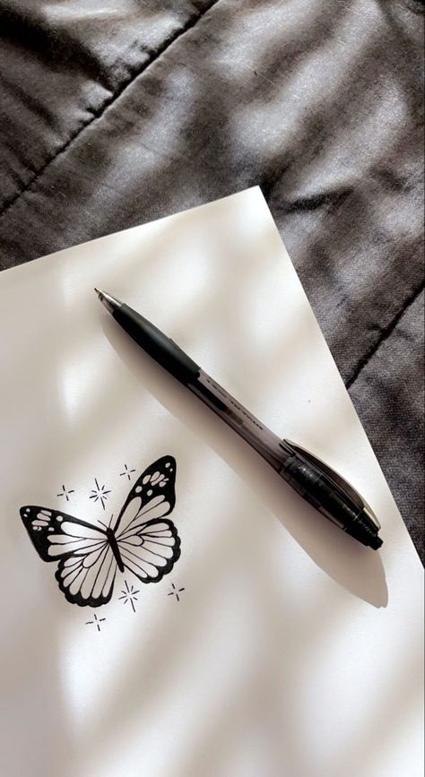 Ink pen drawing Small Pen Drawings, Butterfly Pen Drawing, Simple Pen Sketches, Pen Drawing Easy, Easy Pen Sketches, Easy Pen Drawing, Pen Art Doodle, Easy Butterfly Drawing, Black Pen Drawing