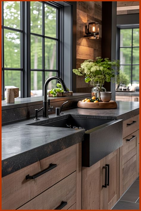 Stunning Black Granite Countertops for your Kitchen Closed Kitchen And Dining Room, Black Counter Wood Cabinets Kitchen, Wood Cabinets Black Counter, Wood Cabinets With Dark Countertops, Timeless Kitchen Wood Cabinets, Slate Countertop Kitchen, Granite Countertop Ideas, Rustic Galley Kitchen, Black And Cream Kitchen