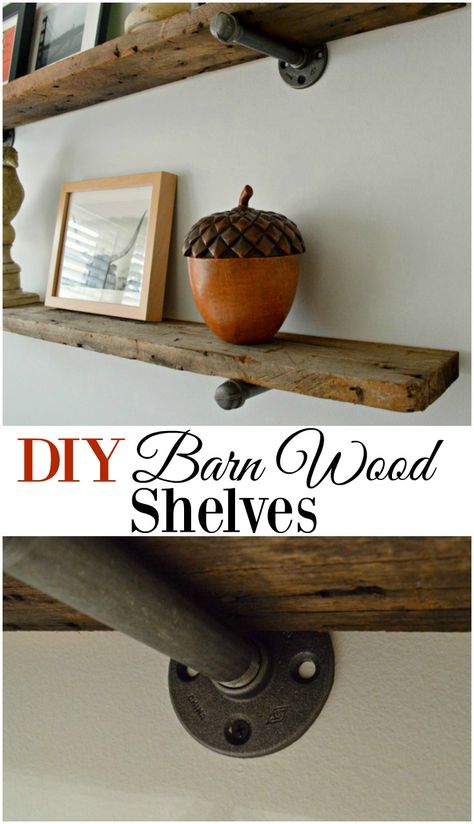 DIY barnwood shelves, with an industrial feel, for a guest bedroom - CHATFIELD COURT Barn Wood Shelves, Diy Shelves Design, Barn Wood Shelf, Diy Shelves Ideas, Barnwood Shelves, Diy Wood Shelves, Diy Barn, Barn Wood Projects, Farmhouse Shelves