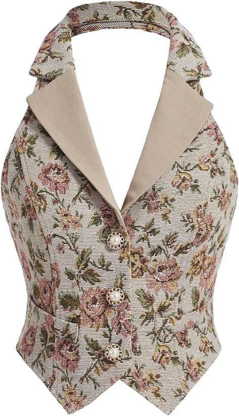 Botanical Print Vest, Green Floral Vest Taregt, Vintage Sleeveless Vest With Floral Embroidery, Floral Print V-neck Halter Top For Summer, V Neck Halter Top, Wild West Outfits, Vintage Floral Print Sleeveless Vest, Halter Vest, Vintage Vest