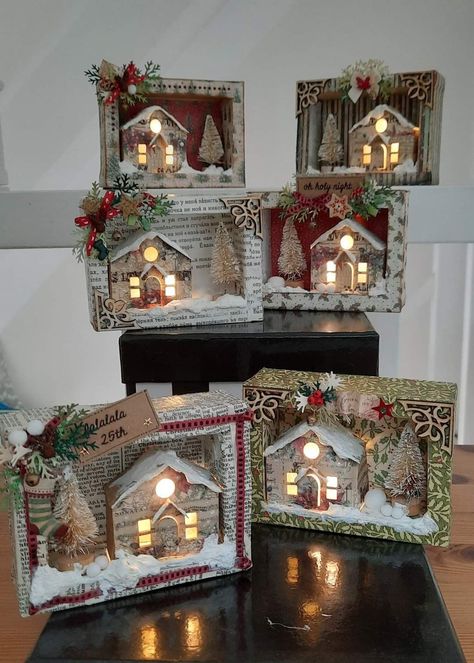 Shadowbox Ideas Diy, Christmas Diorama Ideas, Diy Christmas Mantle Decor, Diy Christmas Mantle, Christmas Village Display Ideas, Village Display Ideas, Christmas Diorama, Christmas Shadow Boxes, Christmas Vignettes