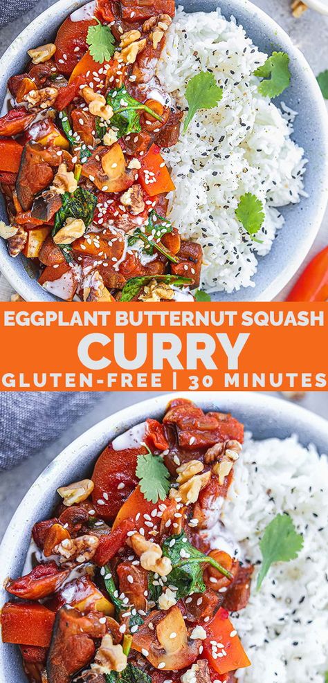 Bbq Tempeh, Healthy Dinner Easy, Squash Curry, Chocolate Granola Bars, Butternut Squash Curry, Vegan Butternut Squash, Vegan Curry Recipes, Vegan Eggplant, Eggplant Curry