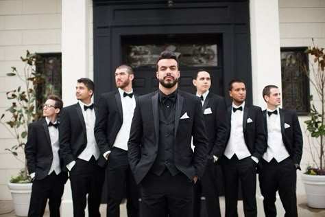 All Black Tuxedo, Groomsmen Poses, Black Groom, Black And White Wedding Theme, Wedding Party Shirts, White Wedding Theme, Wedding Groomsmen, Suits Men, Black White Wedding