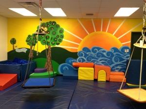 This would be easy to do in the gym for a wall painting Play Therapy Room, Sensory Gym, درج السلم, Sunday School Rooms, Daycare Design, School Wall Art, School Murals, Sensory Rooms, Church Nursery