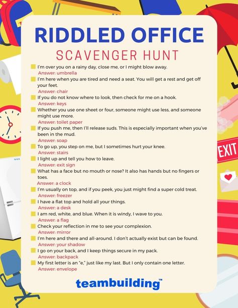 Office Scavenger Hunt, Work Team Building Activities, Office Team Building, Scavenger Hunt Template, Mall Scavenger Hunt, Work Team Building, Scavenger Hunt Ideas, Fun Team Building Activities, Contest Ideas