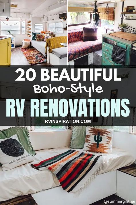 Cozy Trailer Decor, Rustic Boho Camper, Bohemian Camper Remodel, Modern Boho Rv Interior, Boho Camper Ideas, 18ft Camper Remodel, Interior Trailer Remodel, Tropical Rv Interior, Cute Trailer Decor