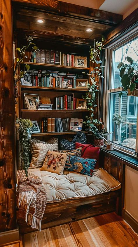 Best Bookshelves for Small Spaces: Style Meets Storage Rustic Wooden Bookshelf, Couch With Bookshelves Around It, Small Library Room Ideas With Desk, Cozy At Home Library, Interior Design Library Home, Custom Book Shelf, Stairs With Bookshelves, Bookshelf Next To Couch, Bookshelf With Plants And Books