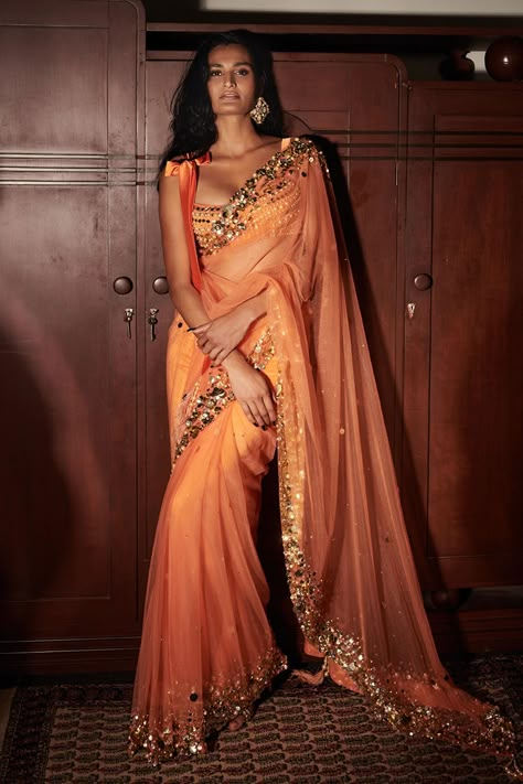 Buy Dilnaz Karbhary Orange Net Mirror Embellished Bustier Online | Aza Fashions Burnt Orange Saree, Indian Fits, Orange Mirror, Bridesmaid Saree, Desi Fits, Orange Saree, Women Saree, Desi Outfits, Dresses Traditional