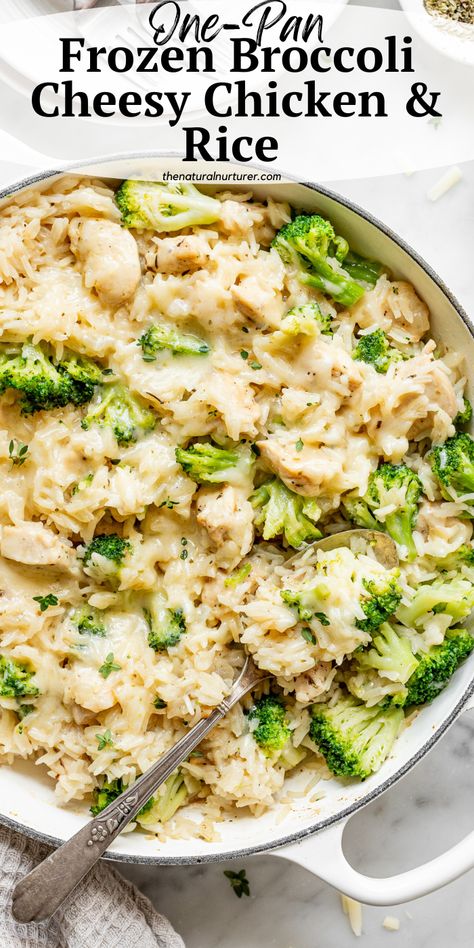 This Cheesy Chicken Rice and Frozen Broccoli dinner is nourishing, satisfying and downright tasty! Made in 30 minutes using one pan and simple ingredients, it will comfort you from the inside out. Chicken Frozen Broccoli Recipes, Frozen Broccoli Recipes, Broccoli Dinner, Family Meal Planning Healthy, Cheesy Chicken And Rice, Natural Nurturer, Cheesy Chicken Rice, Healthy Family Meal, Family Meal Plan