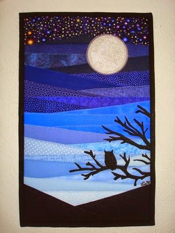 Owl Quilts, Landscape Quilting, Moon Quilt, Landscape Art Quilts, Landscape Quilt, Quilt Modernen, Appliqué Quilts, Fabric Postcards, Art Quilting