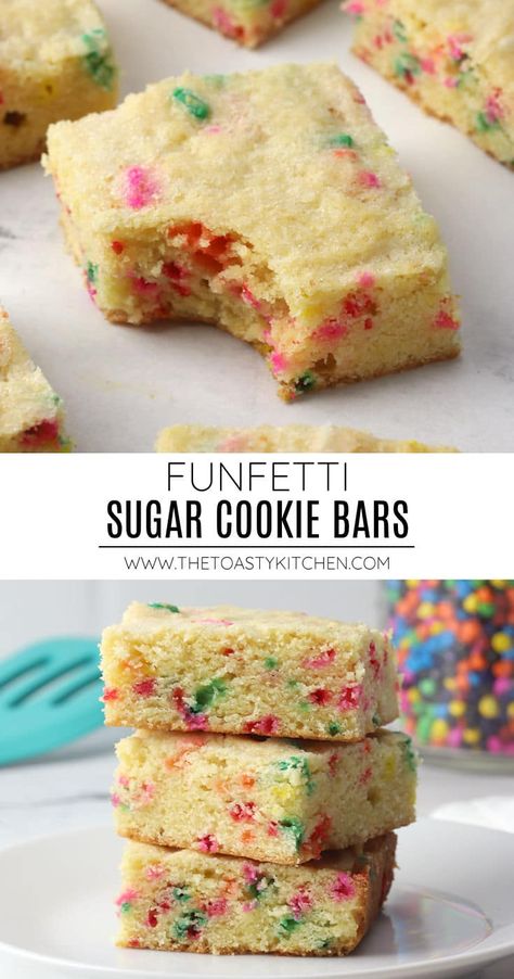 Funfetti sugar cookie bars recipe by The Toasty Kitchen. Funfetti sugar cookie bars are the perfect dessert for your next celebration. They're filled with fun rainbow sprinkles and turn out perfectly tender and soft, just like your favorite soft sugar cookie recipe. #funfetti #sugarcookiebars #sugarcookie #sprinkles #rainbowsprinkles #dessert #recipe Funfetti Sugar Cookie Bars, Sugar Cookie Bars Recipe, Sugar Cookie Bar Recipe, Soft Sugar Cookie, Finger Desserts, Sugar Cookies With Sprinkles, Soft Sugar Cookie Recipe, Cookie Bars Easy, Sugar Cookie Mix