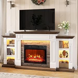 70" Electric Fireplace with Mantel and Cabinets, Fireplace TV Stand for Living Room Bedroom, LED Light, Stacked Stone Surround and Remote Control 3D Realistic Flame Fake Fireplace Entertainment Center, Electric Fireplace Mantle Ideas, Free Standing Electric Fireplace Ideas, Electric Fireplace With Shelves, Cabinets Fireplace, Free Standing Electric Fireplace, Electric Fireplace Mantel, Fireplace With Mantel, Tv Stand With Electric Fireplace