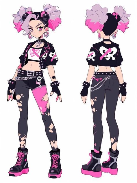 Pastel Punk Art, Goth Outfit Female, Pastel Goth Character Design, Pink Punk Aesthetic Outfits, Punk Anime Female, Punk Outfit Drawing, Pastel Character Design, Oc Outfit Ideas Female, Pastel Punk Aesthetic