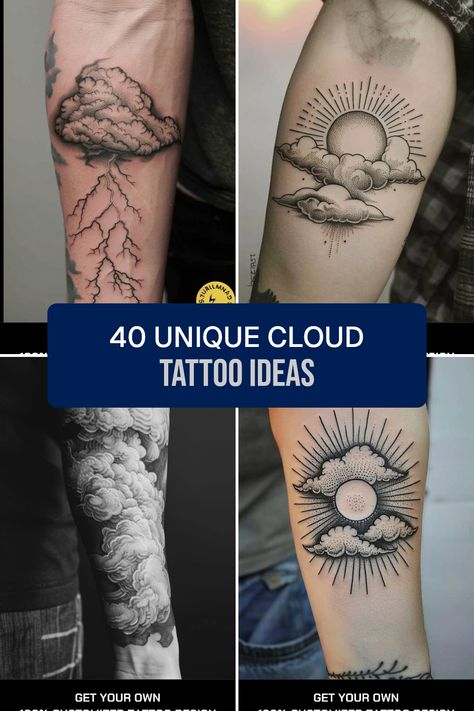 Searching for cloud tattoo ideas that aren't ordinary? Check out this collection of 40 stunning and unique designs! Whether you're thinking about a storm cloud tattoo that represents strength or a beautifully blended cloud and sun tattoo for a serene touch, we've got amazing suggestions Storm Tattoo Men, Storm Clouds Tattoo, I Am The Storm Tattoo, Storm Cloud Tattoo, Cloud Tattoo Ideas, Ocean Tattoo Ideas, Cloud Tattoos, Cloud Tattoo Design, Storm Tattoo