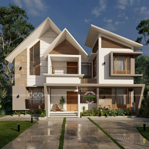 Sloping roof Kerala house design Home Front Wall Design, Modern House Front Elevation, House Front Elevation Design, Contemporary Elevation, House Rendering, House Front Elevation, Front Elevation Design, Sloping Roof, Front Wall Design