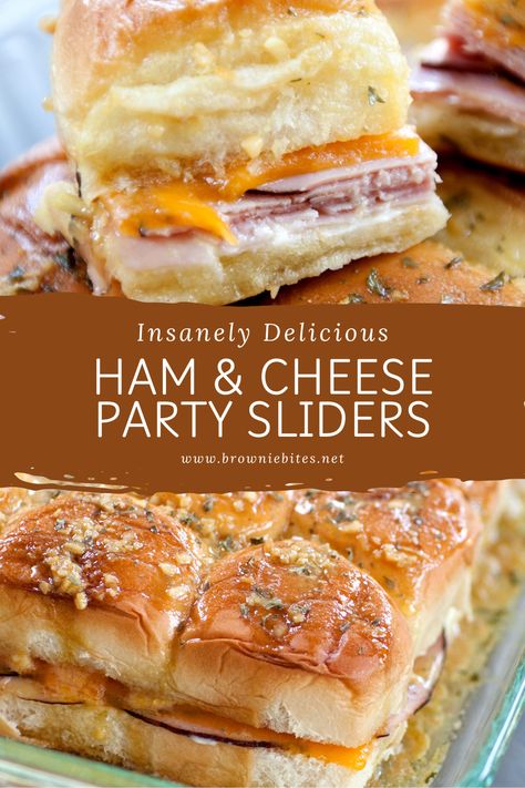 Ham and Cheese Sliders with Brown Sugar - Brownie Bites Blog Ham And Cheese Sliders No Poppy Seeds, Poppyseed Sliders Ham, Ham And Brie Sliders, Slider Ham And Cheese, Sliders Recipes Ham And Cheese, Ham And Cheese Sliders Garlic Butter, Smoked Ham And Cheese Sliders, Best Sandwiches Ever, Spiral Ham Sliders On Hawaiian Rolls