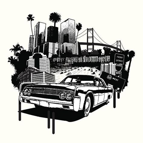 Gta City, West Coast Tattoo, Tattoo Mafia, Half Sleeve Tattoo Stencils, Skyline Tattoo, Scene Tattoo, Los Angeles Tattoo, Chicano Tattoos, Music Tattoo Designs