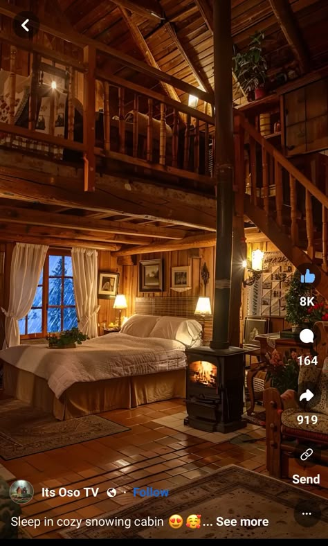 Cozy Winter Cabin Interior, Winter Cabin Interior, Home In Mountains, Snow Fireplace, Cozy Bedroom Bedding, Fireplace Sounds, Warm And Cozy Bedroom, Cabin Stairs, Cabin Snow