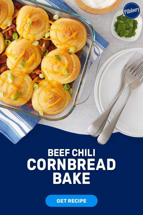 Cornbread Swirl Recipes, Pillsbury Cornbread Swirls Recipes, Pillsbury Cornbread Swirls, Pillsbury Cornbread, Chili Cornbread Bake, Cornbread Bake, Canned Biscuit Recipes, Chili Cornbread, Chili Casserole