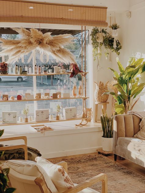 Window boho aesthetic Boho Salon Bathroom, Boho Glam Salon Decor, Australian Salon Design, Window Display Hair Salon, Floating Product Shelves Salon, Organic Hair Salon Decor, Boho Salon Wall Decor, Salon Suite Retail Display Ideas, Salon With Windows