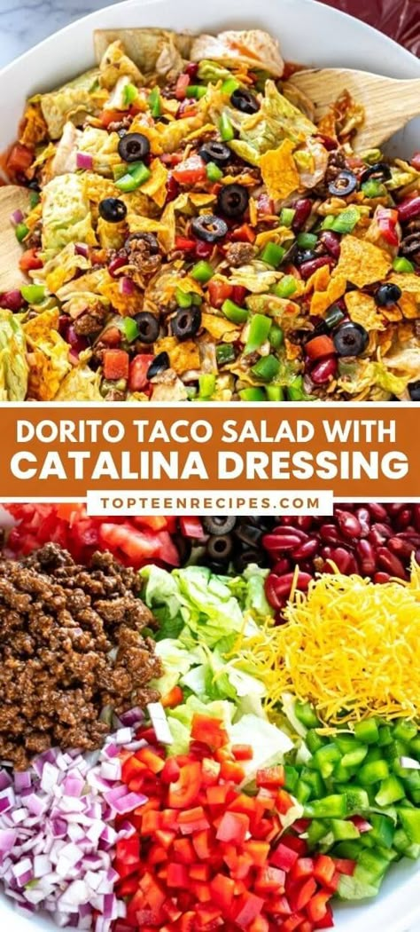 Dorito Taco Salad with Catalina Dressing - Top Recipes Taco Salad Recipe With Doritos, Taco Salad For A Crowd Parties, Nacho Doritos Taco Salad, Taco Bowl Salad Recipe, Catalina Taco Salad Doritos, Easy Dorito Taco Salad, Summer Main Dish Salads, Taco Salad Ideas, Taco Salads Recipes