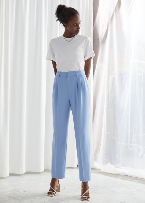 Duo Pleat Tailored Trousers Light Blue Trousers Outfit, Blue Trousers Outfit, Blue Pants Outfit, Light Blue Pants, Trouser Outfit, Trouser Outfits, Blue Trousers, Pantalon Large, 가을 패션