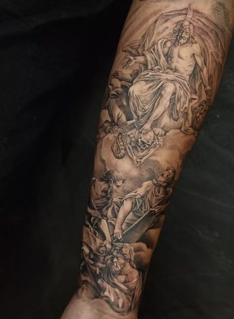 David With The Head Of Goliath Tattoo, God Touching Adam Painting Tattoo, Elliot Cadeau Tattoo, Bible Scene Tattoos, Angels Tattoo Men, Country Arm Sleeve Tattoo, Angel Tattoos Men, Romanticism Tattoo, Isaiah 6 8 Tattoo