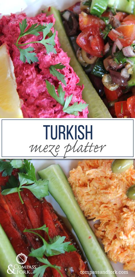 This easy to make meze platter is perfect for a party.  Make ahead of time includes all recipes.  Gluten free for guests with allergies.  www.compassandfork.com Turkish Meze, Turkish Mezze, Meze Recipes, Turkish Salad, Meze Platter, Dinner Party Starters, Raw Beets, Perfect Dinner Party, Olive Salad