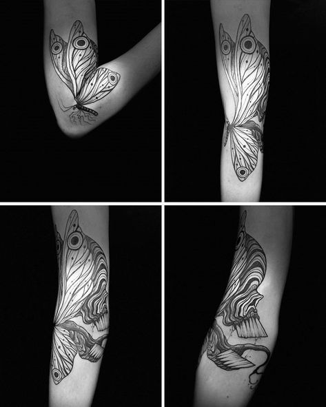 Open Arm Tattoo, Elbow Illusion Tattoo, Creative Moving Tattoo Ideas, Bending Elbow Tattoo, Folding Tattoo Elbow, Folding Arm Tattoo, Bend Of Elbow Tattoo, Elbow Moving Tattoo, Elbow Bend Tattoo Women