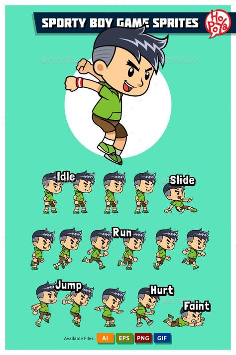 Sporty Boy Game Sprites — Vector EPS #template #android 2d Mobile Game, 2d Sprite, Chibi Games, Animation Sequence, Walking Animation, Runner Games, Green Illustration, Kids Hero, Hero Games