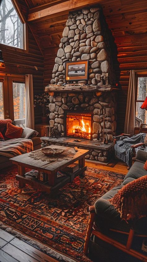 Cozy cabin living room with stone fireplace, plush sofas, and rustic decor for the perfect retreat. Rec Room Fireplace, Stone Fireplace Cottage, Stone Chimney Living Room, A Frame Fireplace, Cozy Cabin Fireplace, Cabin Fireplace Ideas, Old Stone Fireplace, Cozy Cabin Living Room, Log Home Living Room