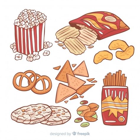 Free Vector | Classic hand drawn snack collection Snacks Drawing, Snack Collection, Inktober Ideas, Fish Background, Vegetable Illustration, Environment Props, Candy Art, Cute Snacks, Cute Food Art