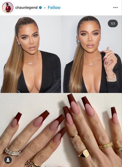 Khloe K Nails, Matte Tip Nails, Kardashian Nails Kylie, Khloe Nails, Muse Nails, Deep French Tip Nails, Nails Acrylic Autumn, Khloe Kardashian Nails, Kardashian Nails