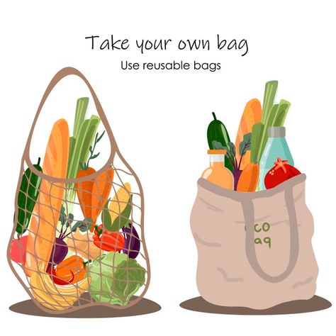 Premium Vector | Reusable grocery eco bag with vegetables isolated from white background. zero waste (say no to plastic) and food concept. Food Photography Fruit, Waste Art, Say No To Plastic, Vegetable Bag, Bag Illustration, Drawing Bag, Sustainable Bag, Food Illustration Art, Textile Bag