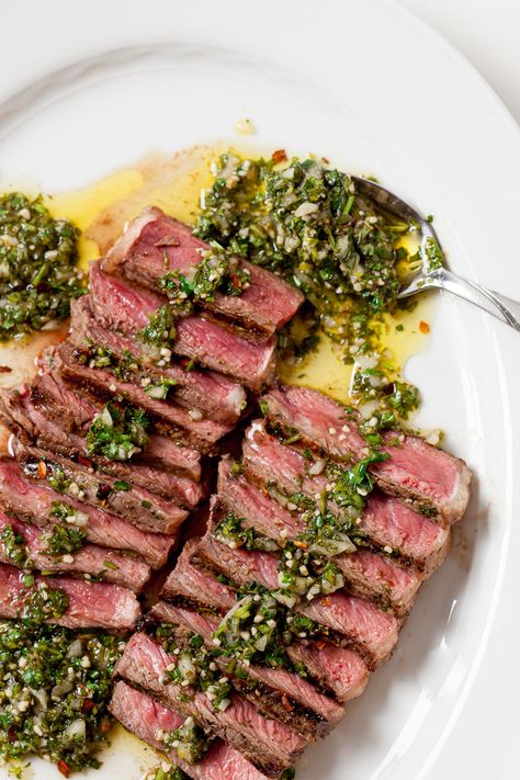 Flat Iron Steak Recipes, Steak With Chimichurri Sauce, New York Strip Steak, Salsa Verde Recipe, Ny Strip Steak, Flat Iron Steak, Chimichurri Sauce, Strip Steak, Skirt Steak