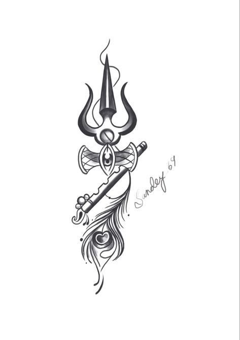 Trishul With Peacock Feather Tattoo, Trishul Flute Tattoo, Shoolam Tattoo Design, Hand Tattoo Ideas For Men Black, Tattoo Ideas Shiva, Krishna And Shiva Together Tattoo, Shiv And Krishna Together Tattoo, Krishan Ji Tattoo Design, Krishna Shiva Tattoo